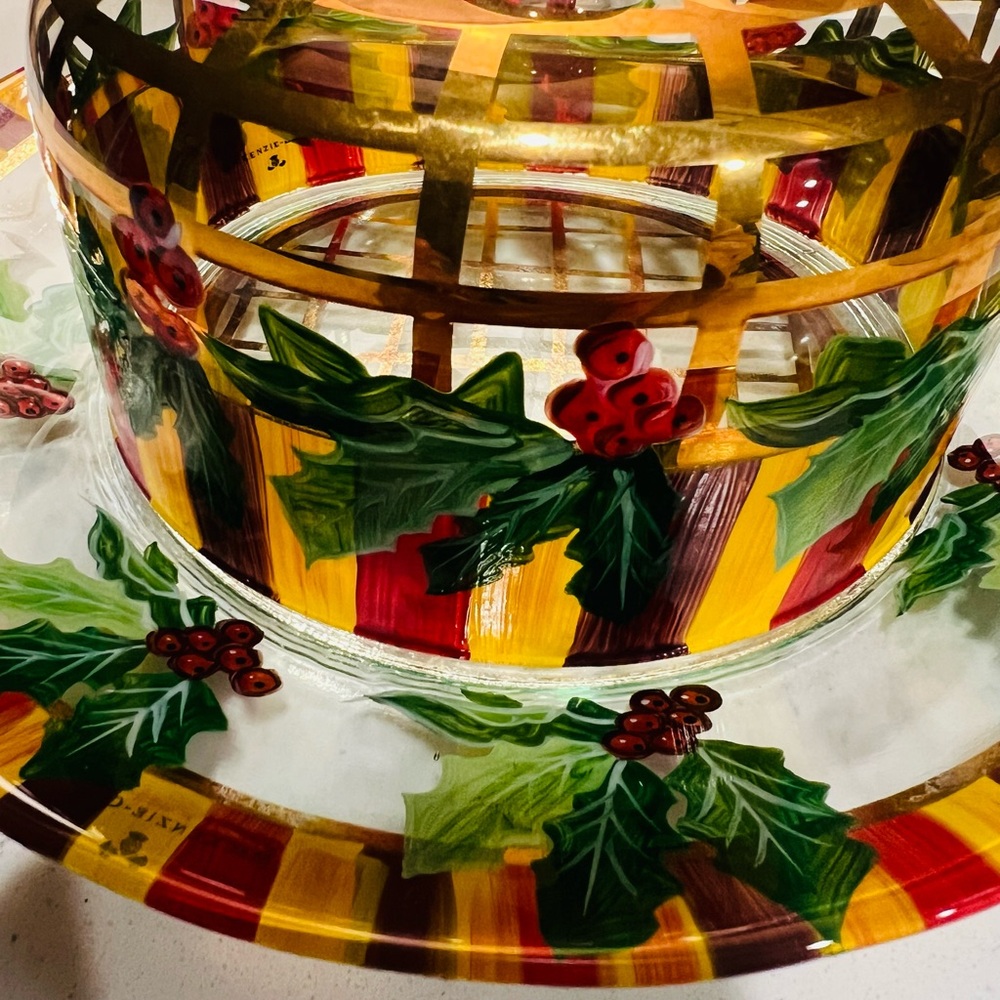 MacKenzie-Childs Circus Glass Cake Dome w Plate 1990s Holly Gold Lattice - Picture 5 of 5